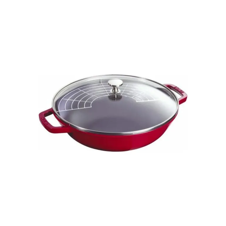 Wok en fonte cerise ø 30 cm avec son couvercle
